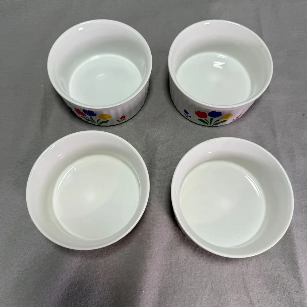 4 Tulip Tyme Ramekins Stoneware 80s VTG Floral Primary Colors Japan Fluted Edge